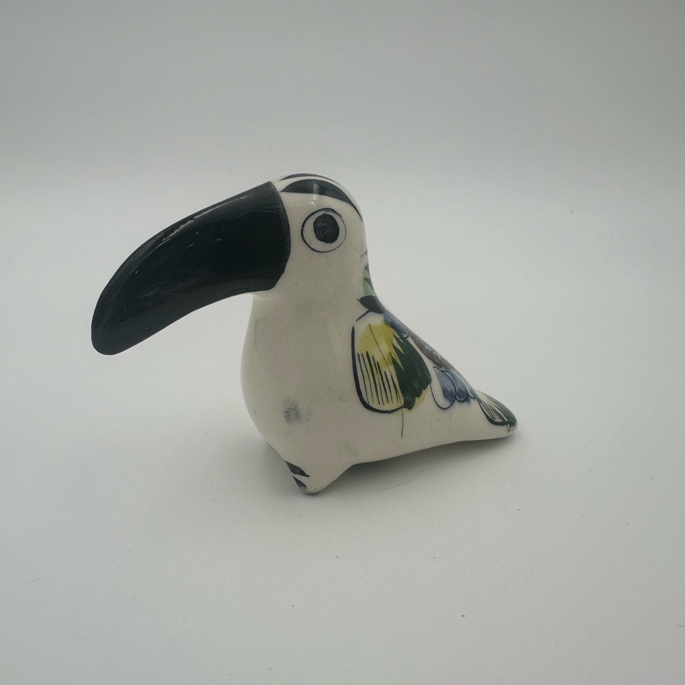 Tonala Mexican Pottery Bird Toucan White Black Hand Painted Folk Art Signed